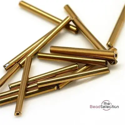 50g METALLIC GOLD GLASS BUGLE BEADS LONG 20mm X 2.5mm • £2.99