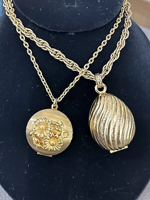 Two Vintage Solid Perfume Necklace Lockets Gold Flowers • $9