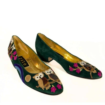 $68.99 • Buy ZALO Vintage Suede Shoes Flats Owl Flowers Moon In Greens Browns Size 7 Leather 