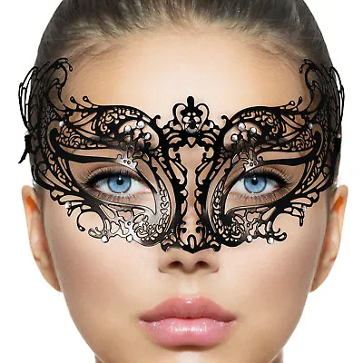 Delicate Venetian BLACK Lace METAL MASK Masquerade Filigree Clear Diamante NEW • £8.99