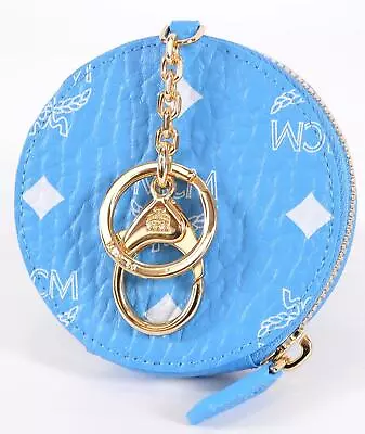 New MCM $205 Blue White Visetos Canvas Round Coin Purse Wallet And Key Chain • $123.02