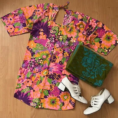 Vintage 60s 70s Neon Mod Floral Beach Coverup Apron Dress M • $40