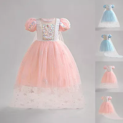 Kids Girls Elsa Lace Sequin Princess Tutu Dress Up Cosplay Costume Party Gown • £13.89