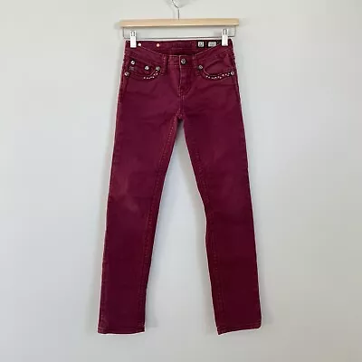 Miss Me Jeans Girls Size 12 Burgundy Bling Skinny Wine Rhinestone Low Rise Logo • $29.95