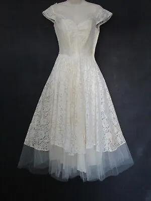 50's Vintage Antique Ivory Lace Sweetheart Full Sweep Wedding Prom Dress S TLC  • $74.80