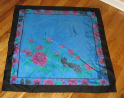 Thai Silk Blue Black Mauve Floral 100% Silk Square Scarf 34  • $10.99