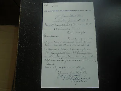 £5 • Buy 1903 Champion Reef Gold Mining Company Of India, Hand Written Letter, Signed