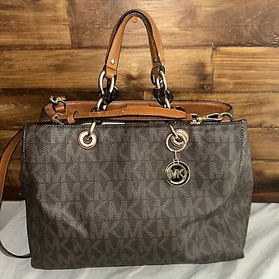 Michael Kors Cynthia Brown Handbag Coated Canvas Signature W Gold Tone Chain Log • $59.99