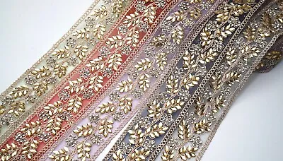 1 Yd Indian Lace Trims Saree Border Fabric Embroidered Trimmings Rhinestone Bead • £6.54