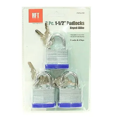 (Set Of 3) 1-1/2  Padlocks (Keyed Alike) W/ 6 Keys And Plain Blue Plastic Bumper • $12.95