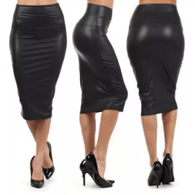 Women's High Waist Wet Look Midi Skirt PU Leather Stretchy Pencil Bodycon Dress • £9.80