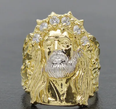 Real Solid 10K Yellow Gold Mens Jesus Head Nugget Cz Ring 21mm 4gr  ALL Sizes • $267.38