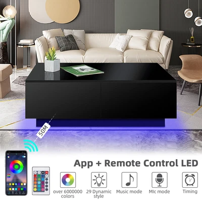 $218.49 • Buy Black High Gloss Coffee Table 16 Color LED Light Living Room Storage Drawer