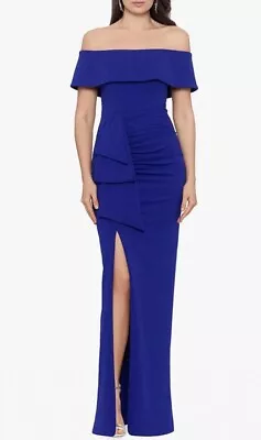 NWT Xscape  Off The Shoulder Crepe Evening Gown Dress Marine Blue Sz 16 $248 • $129