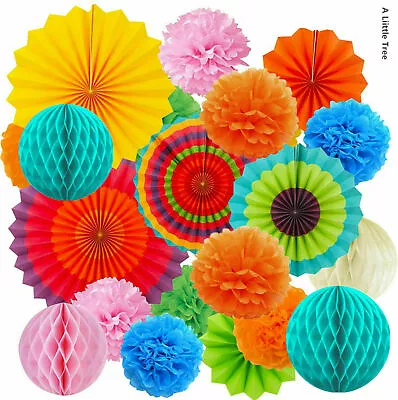 All-In-One Hanging Paper Fan Tissue Pompoms Honeycomb Ball Party Decor (Muti) • £11.99