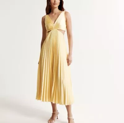 Abercrombie & Fitch A&F Satin Giselle Pleated Cutout Maxi Midi Dress Yellow XS • £105.10