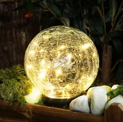 Firefly Solar Led Crackle Glass Ball Stake Led Warm White Light Garden Decor • £11.99