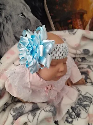 Handmade Romany Baby Girl Big Blue Bling Flower Satin Ribbon Bow   Headband  • £3.50
