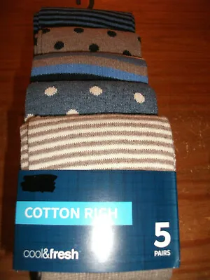 Ex M & S COTTON RICH COOL & FRESH 5 PAIR MENS SOCKS SPOTS STRIPES BLUE BEIGE MIX • £8.99