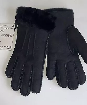 Ugg 15107 S Exposed Sheepskin Gloves  Black Suede Shearling Wrist Women Nwt $155 • $70