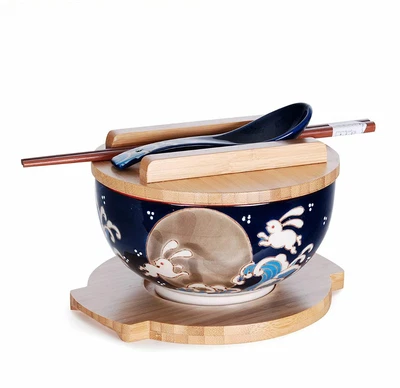 $32.99 • Buy Japanese Kamameshi Rice Noodle Bowl Set Bamboo Lid Trivet (Moon Rabbit)