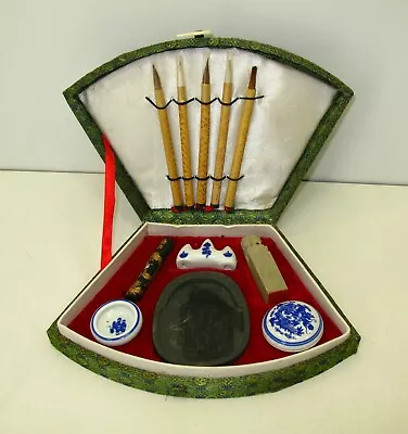 Vintage Chinese Calligraphy Set Fan Box 5 Brushes Red Ink Stone  • $14.95