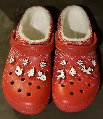 Crocs Classic Lined Holiday Christmas Charm Clog Slippers Red Men's Size 12 • $38