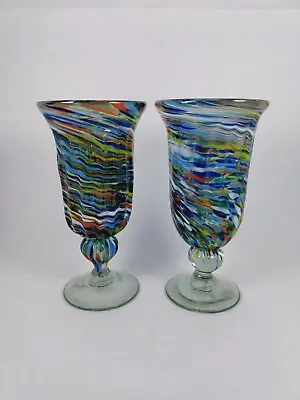 Set Of 2 Mexican Hand Blown Glass Splatter Swirl Confetti Wine Glasses Goblets • $29.90