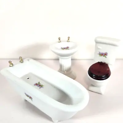 Doll House Miniature Ceramic Bathroom Toilet Tub Sink Floral Bath Set Vtg Taiwan • $12.92