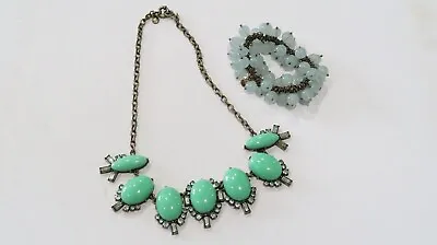 J Crew Green Statement Necklace And Aquamarine Like Beads Bracelet Set Pre-owned • $55