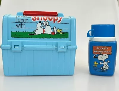 Vintage 1968  Have Lunch With Snoopy  Peanuts Blue Plastic Lunchbox & Thermos • $50