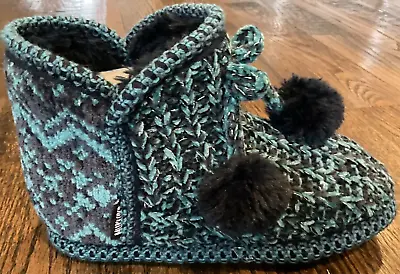 MUK LUKS Aztec Blue  Crochet Knitted Pull On Ankle Slipper Booties Size S 7 • $26.95