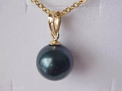 10mm Aaa Genuine Round Black Saltwater Pearl Pendant Solid 18k Yellow Gold • $89.99