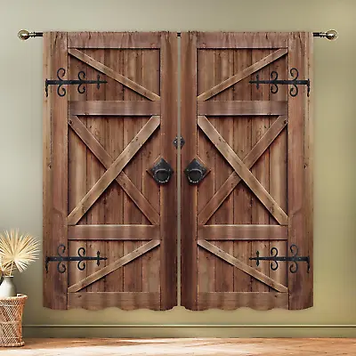 Rustic Barn Door Curtains For Bedroom 42Wx63H Inch Rod Pocket Retro Country Brow • $62.99