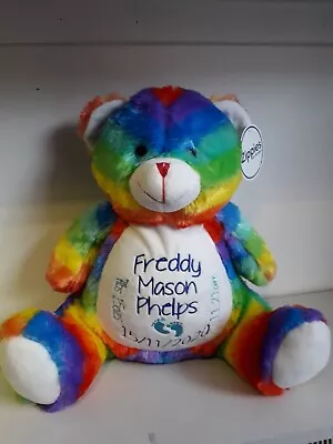 Personalised Rainbow Teddy Bear Birth Details Block Keepsake Present Memory • £21