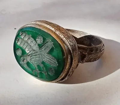 Detector Finds Ancient Viking Huge Silver Color Ring With Green Stone Engravings • $65.96