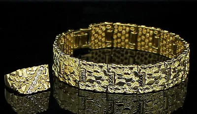 Mens 2pc Nugget Design 15mm Bracelet Icy CZ Ring Set 14k Gold Plated Hip Hop • $13.99