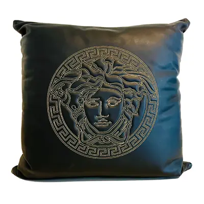 Versace Embroidered Medusa Logo Brown Black Leather Pillow Decorative Cushion • $500