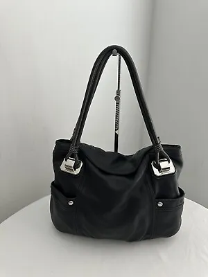 B. Makowsky Black Leather Metallic Gray Handles Hobo Shoulder Handbag • $34