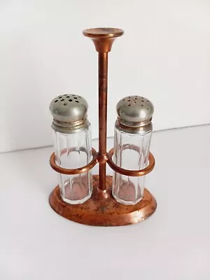 Vintage Salt And Pepper Shakers With Copper Plated Stand Ribbed Glass • $9.90