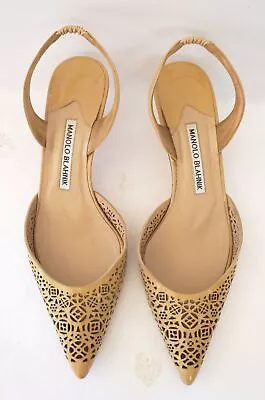 MANOLO BLAHNIK 38.5 Laser Cut Beige Patent Leather Carolyne Slingbacks Heels 8 • $146