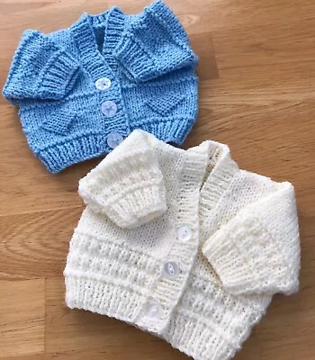 NEW For Baby Boy 2 TINY PREMATURE CARDIGANS WHITE BLUE Chest 12” HAND KNITTED • £9.99