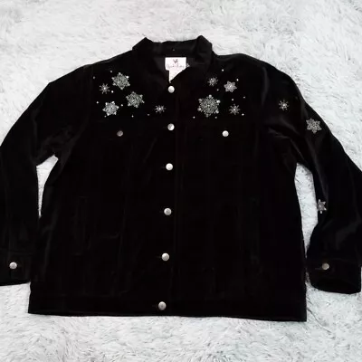 Quacker Factory Womens Jacket Black XL Soft Button Up Snowman Snowflakes Sparkly • $19.99