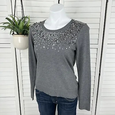 Milly Gray Embellished Sweater Top Rhinestone Sequin Long Sleeve Pullover Size M • $44.99