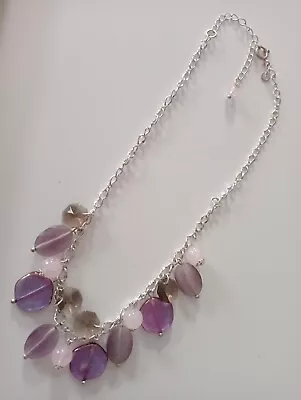 Marks And Spencer M&S Pink Purple Glass Beaded Necklace Silver Tone Chain • £5.99