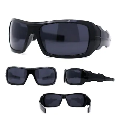 All Black Classic Wrap Around Thick Temple Futuristic Rectangle Sport Sunglasses • $8.95