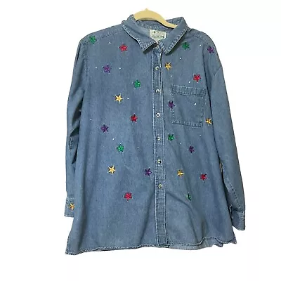 THE QUACKER FACTORY Woman’ Denim  Embroidered Stars Sequins  Button Up Shirt  1X • $17.64