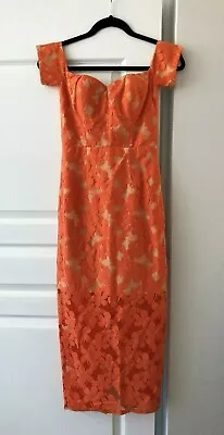 Elle Zeitoune Ladies Orange & Nude Lace Look Midi Cocktail Pencil Dress Size 6 • $75