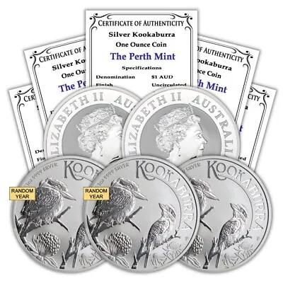 Australia Lot Of 5 Random Year Silver 1oz Kookaburra Coins W/ Capsules & CoAs • $166.96