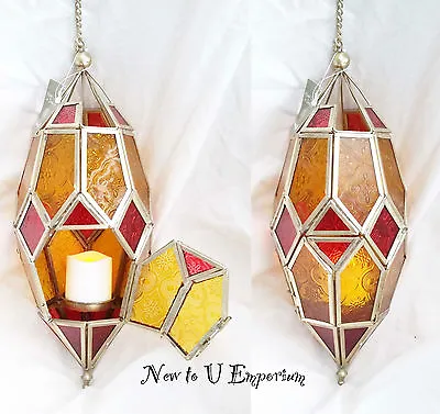 Hanging Glass Lantern Tea Light Holder Moroccan Style 22.5cm NEW • $26.05